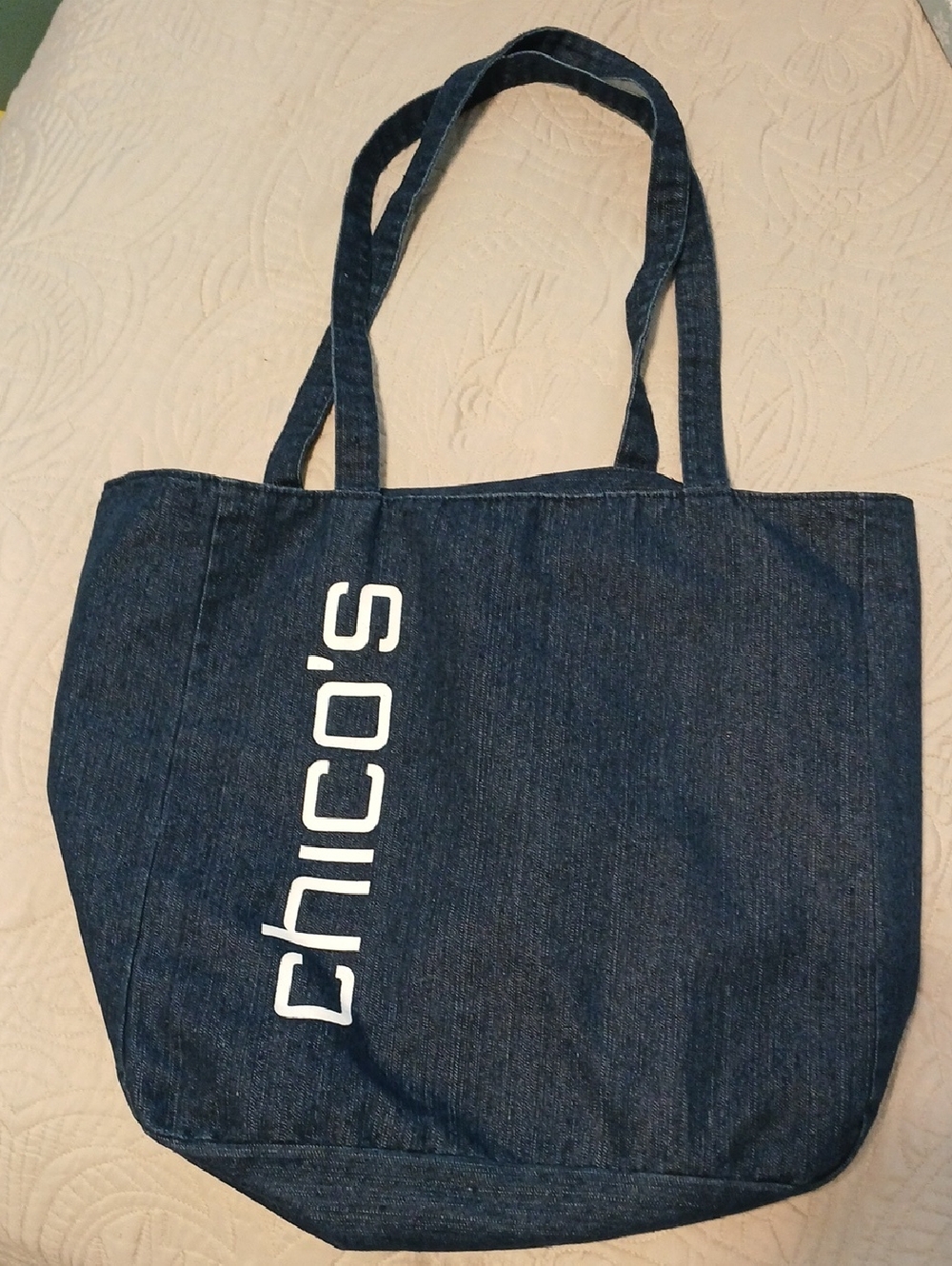 Chico's Dark Blue Denim Tote with Vertical Logo